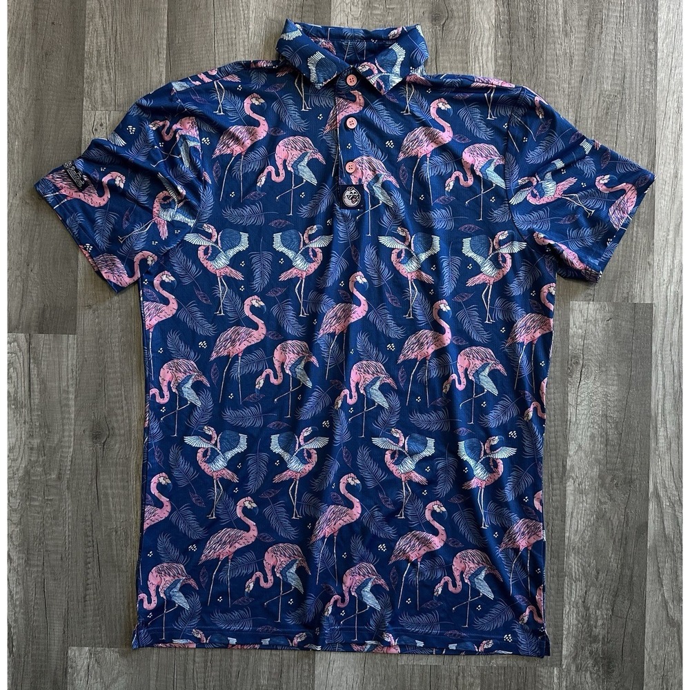 Birdie Boss Golf Polo Shirt Medium Blue Flamingo Fairway Golfing Performance